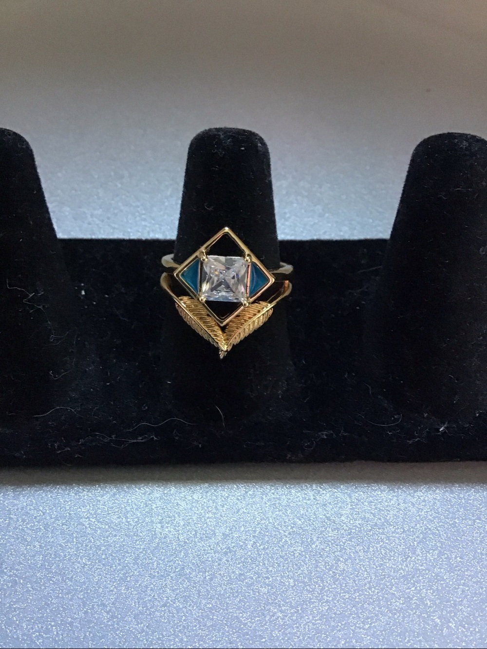 Gold Tone Turquoise Accent Square CZ Ring - Women Jewelry - Picture 4 of 9